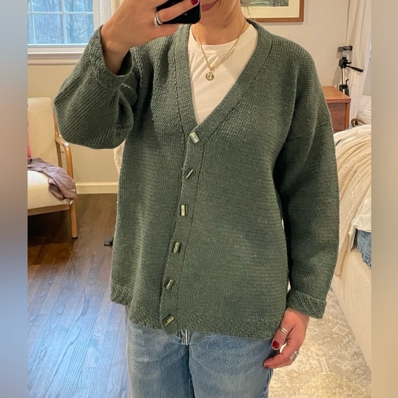 Hand Knit Wool Cardigan Sage Green - Picture 2 of 9